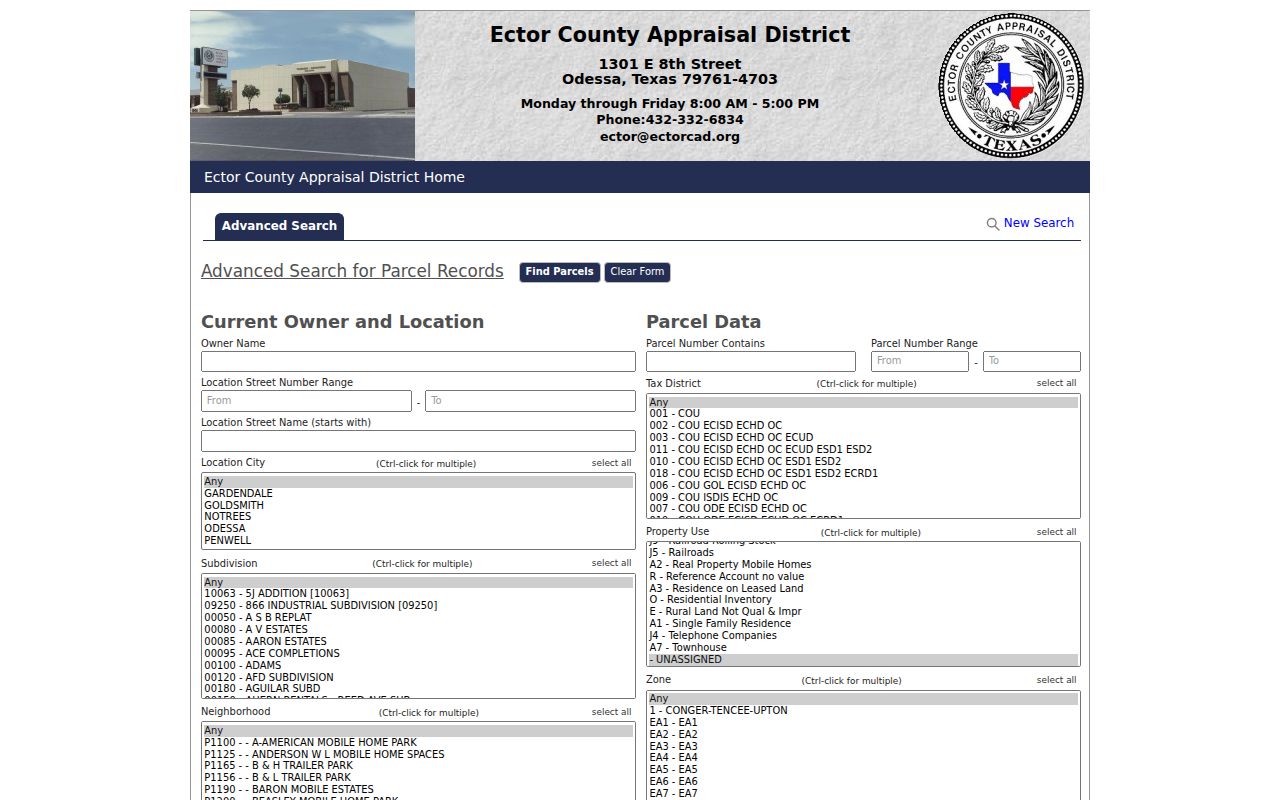 Odessa residents directory Ector CAD advanced parcel search