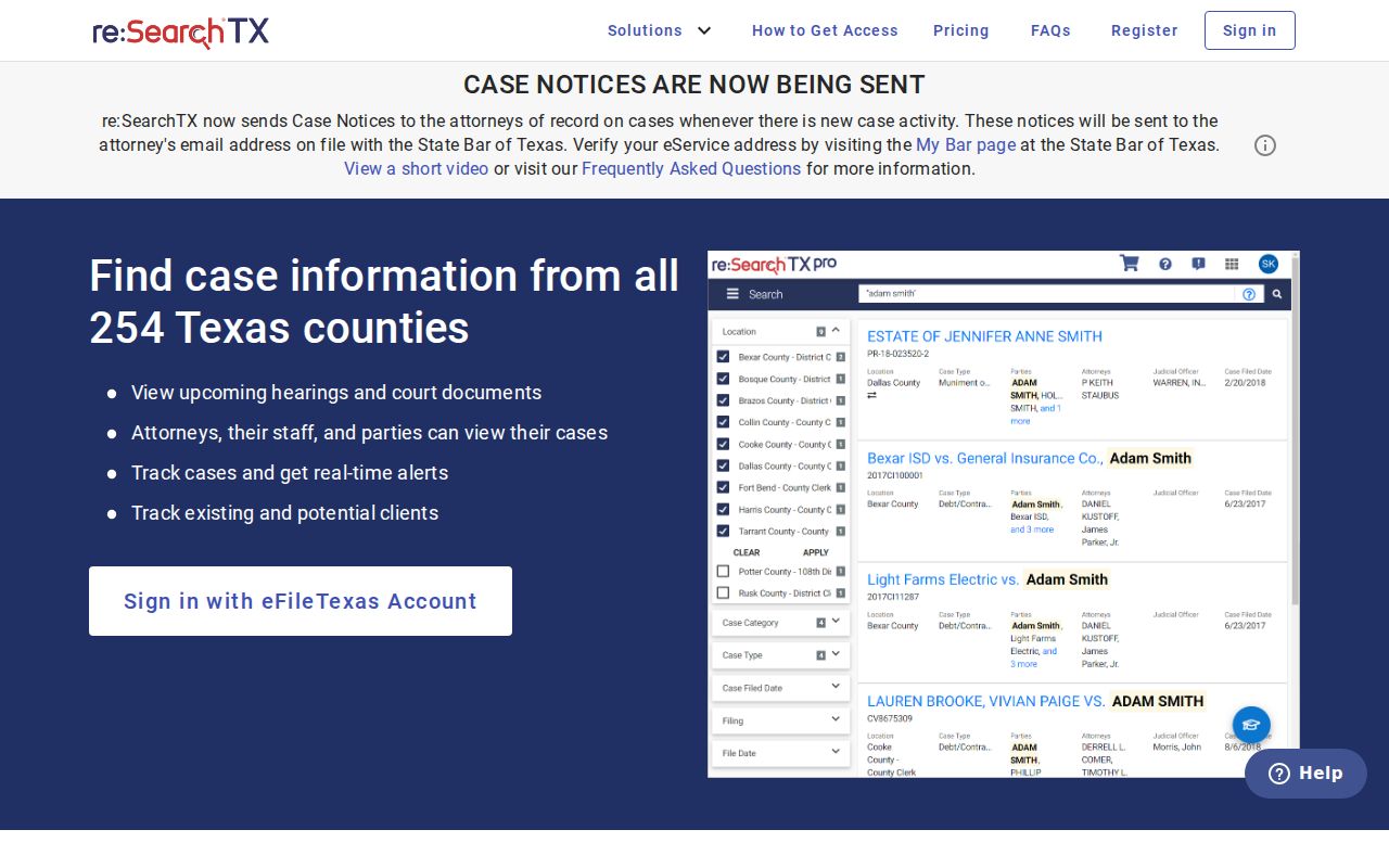Odessa resident lookup court research portal with Cases, Filings, Text in Documents, and Hearings modes