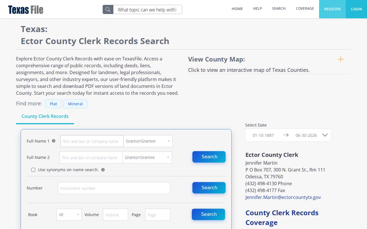 Odessa residents directory Ector County grantor grantee land index search fields